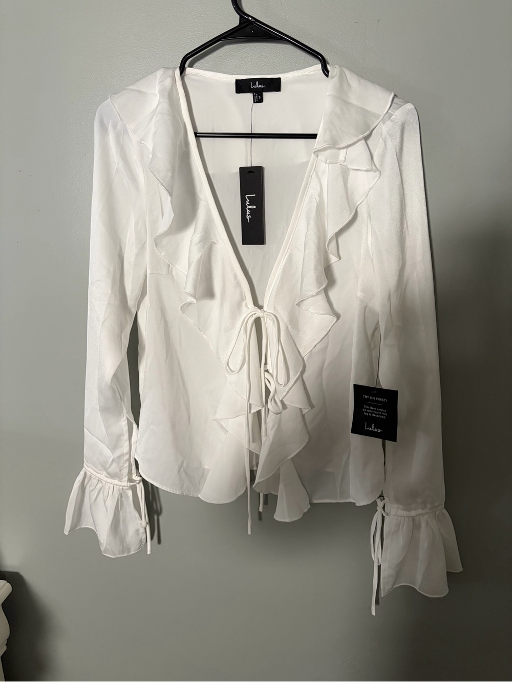 Lulu's White Ruffle Tie-Front Long-Sleeve Blouse